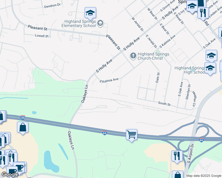 map of restaurants, bars, coffee shops, grocery stores, and more near 212 South Street in Highland Springs