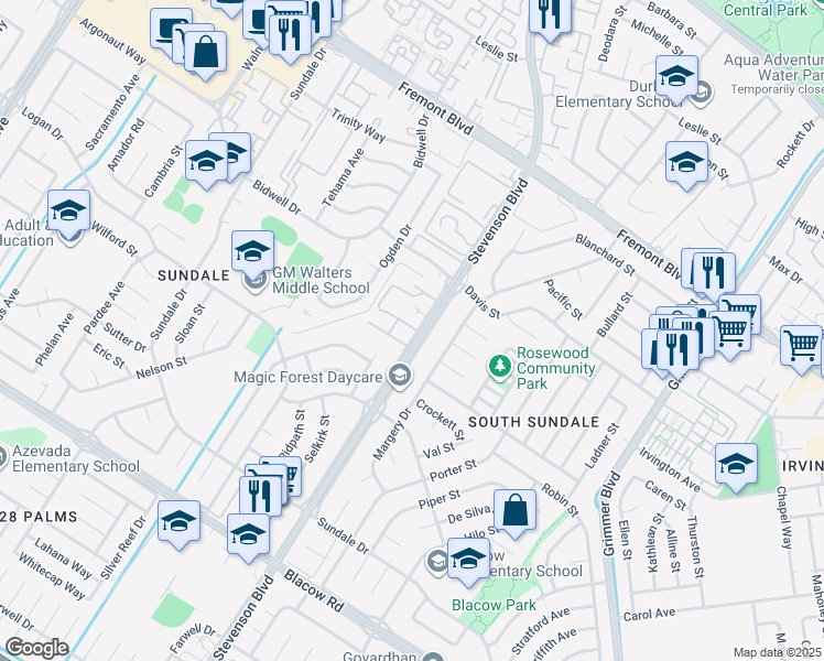 map of restaurants, bars, coffee shops, grocery stores, and more near in Fremont
