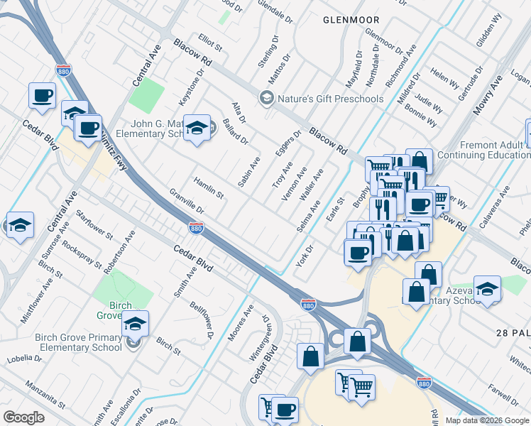 map of restaurants, bars, coffee shops, grocery stores, and more near 38573 Farwell Drive in Fremont