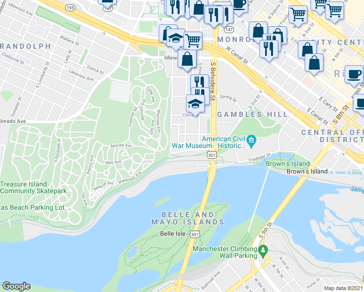 map of restaurants, bars, coffee shops, grocery stores, and more near 714 South Laurel Street in Richmond