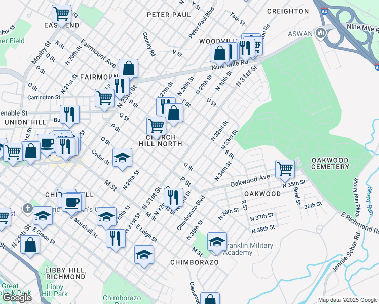 map of restaurants, bars, coffee shops, grocery stores, and more near 1121 North 31st Street in Richmond