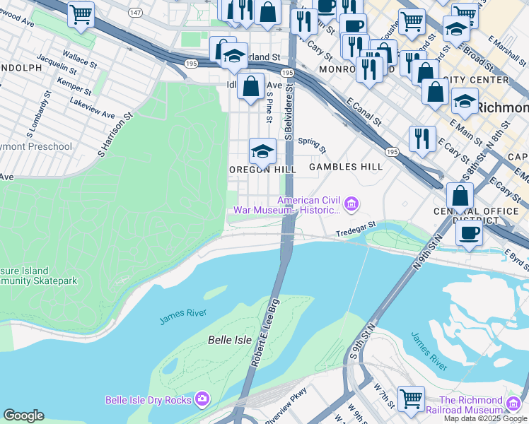 map of restaurants, bars, coffee shops, grocery stores, and more near 716 South Pine Street in Richmond