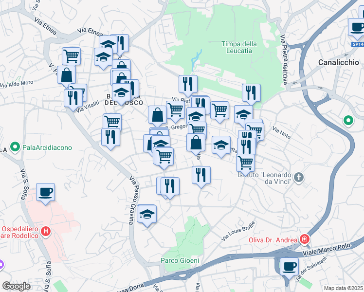 map of restaurants, bars, coffee shops, grocery stores, and more near 34 Via della Paglia in Catania