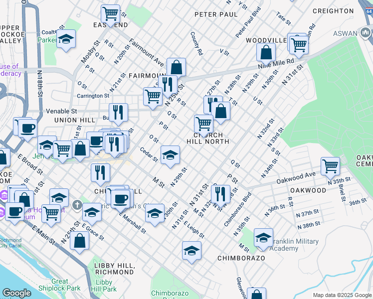 map of restaurants, bars, coffee shops, grocery stores, and more near 907 North 28th Street in Richmond