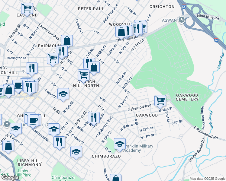 map of restaurants, bars, coffee shops, grocery stores, and more near 1203 North 32nd Street in Richmond