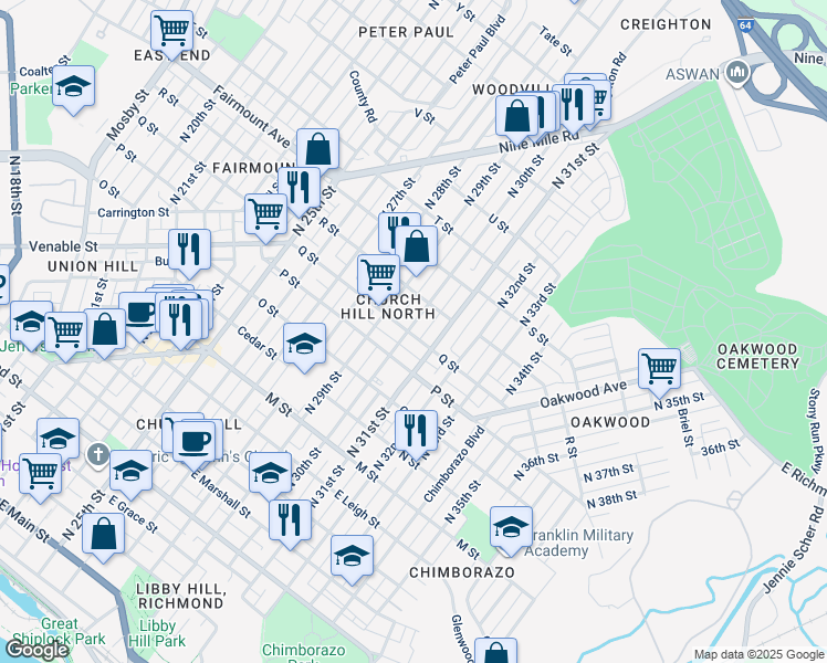 map of restaurants, bars, coffee shops, grocery stores, and more near 3000 1/2 Q Street in Richmond