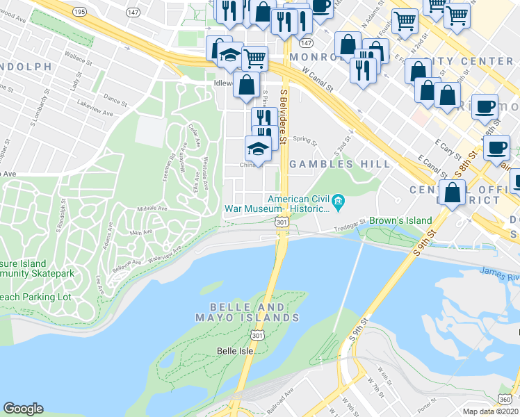 map of restaurants, bars, coffee shops, grocery stores, and more near 716 South Pine Street in Richmond