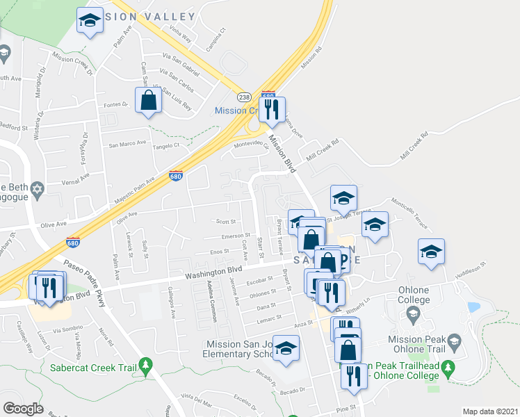 map of restaurants, bars, coffee shops, grocery stores, and more near 43110 Starr Street in Fremont