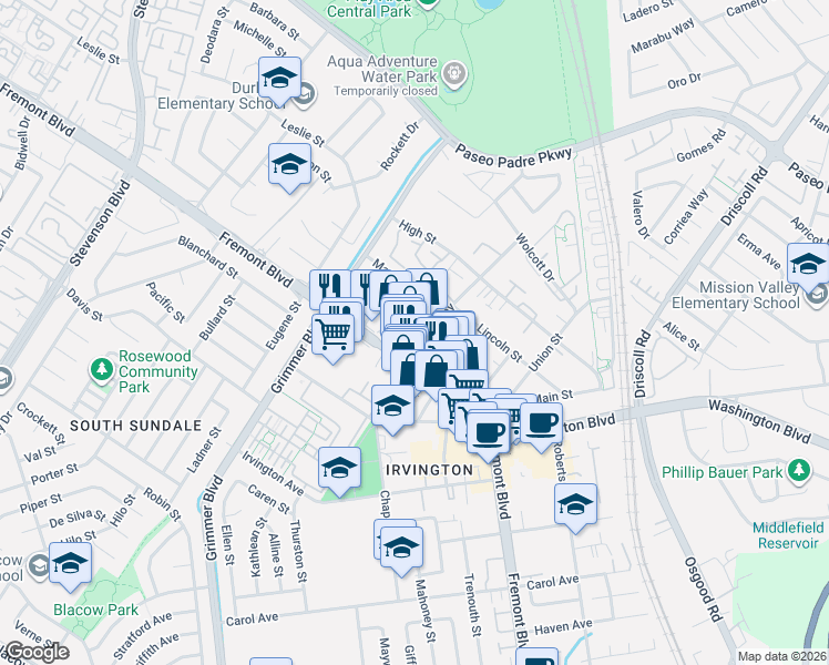 map of restaurants, bars, coffee shops, grocery stores, and more near 40753 Squill Common in Fremont