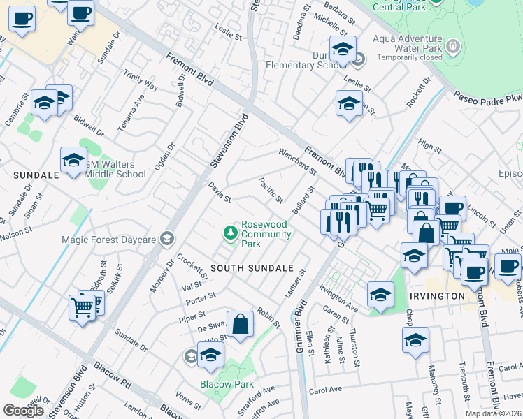 map of restaurants, bars, coffee shops, grocery stores, and more near 40271 Davis Street in Fremont