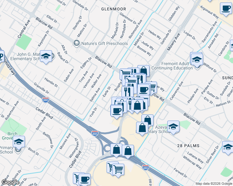 map of restaurants, bars, coffee shops, grocery stores, and more near 5127 Brophy Drive in Fremont