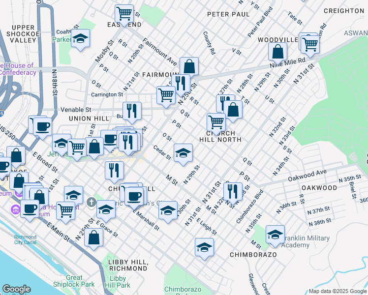 map of restaurants, bars, coffee shops, grocery stores, and more near 902 North 27th Street in Richmond