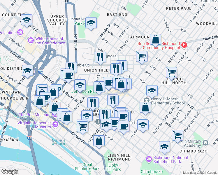 map of restaurants, bars, coffee shops, grocery stores, and more near 614 1/2 North 23rd Street in Richmond