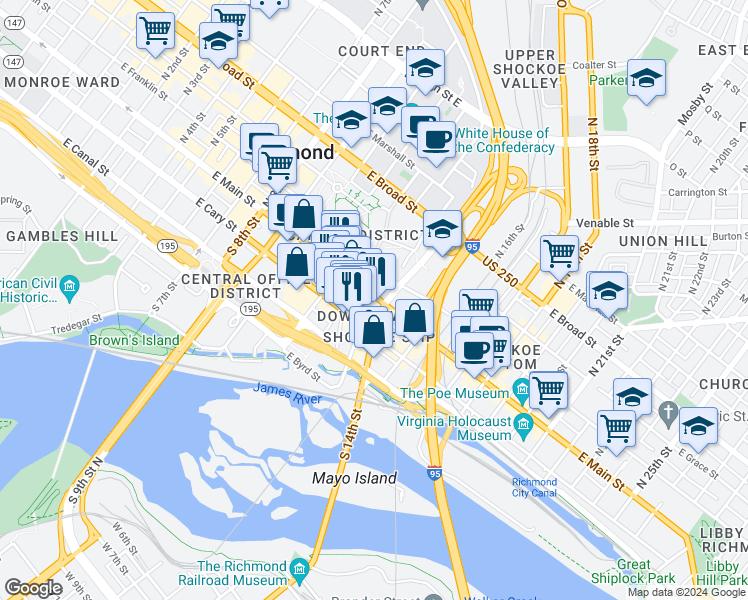map of restaurants, bars, coffee shops, grocery stores, and more near 1301 East Main Street in Richmond