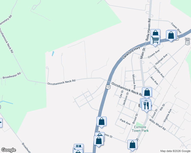 map of restaurants, bars, coffee shops, grocery stores, and more near 11389 Virginia 183 in Exmore