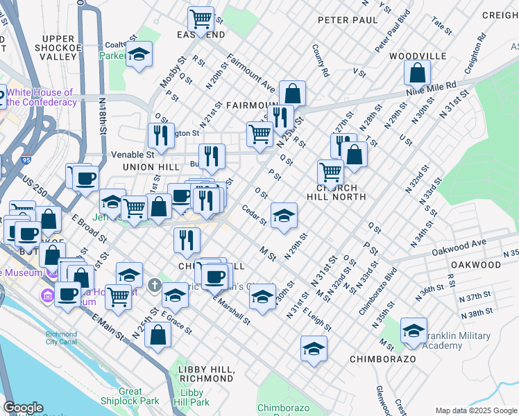 map of restaurants, bars, coffee shops, grocery stores, and more near 809 North 26th Street in Richmond