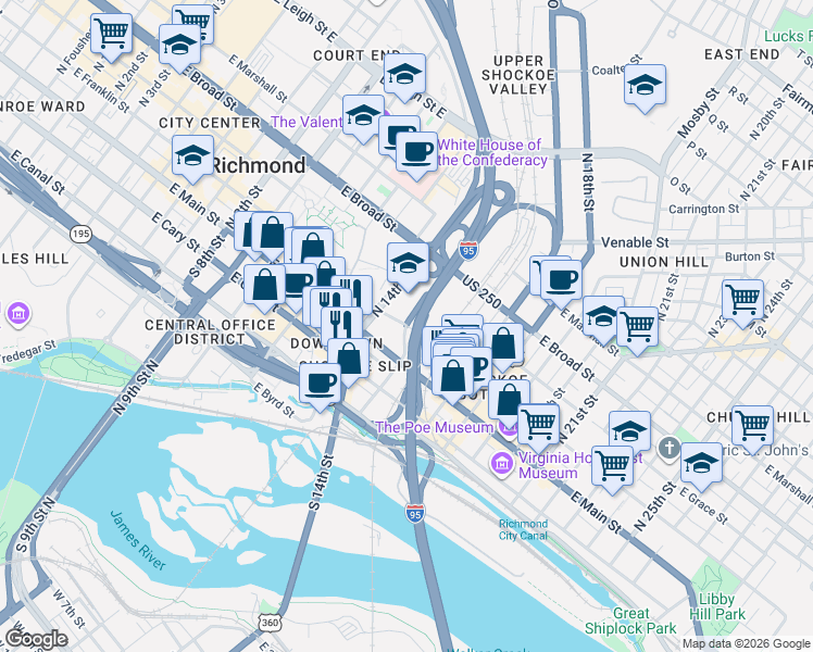 map of restaurants, bars, coffee shops, grocery stores, and more near 4 East Franklin Street in Richmond