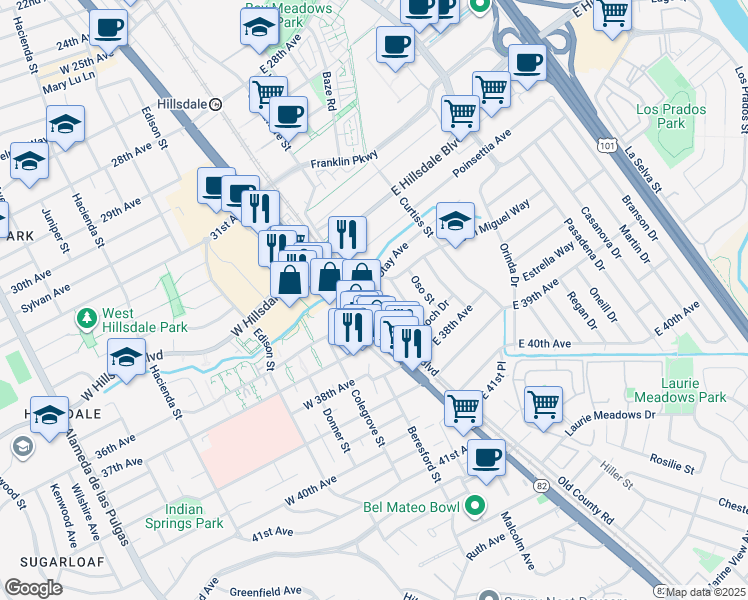map of restaurants, bars, coffee shops, grocery stores, and more near 3605 Pacific Boulevard in San Mateo