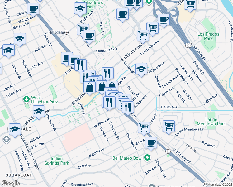 map of restaurants, bars, coffee shops, grocery stores, and more near 3605 Pacific Boulevard in San Mateo