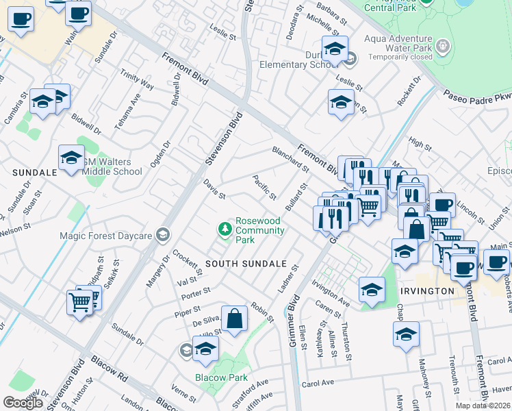 map of restaurants, bars, coffee shops, grocery stores, and more near 40271 Davis Street in Fremont