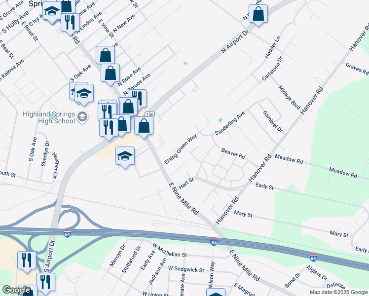 map of restaurants, bars, coffee shops, grocery stores, and more near 145 Elsing Green Way in Highland Springs