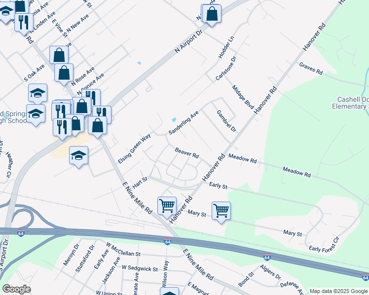 map of restaurants, bars, coffee shops, grocery stores, and more near 1910 Beaver Road in Highland Springs