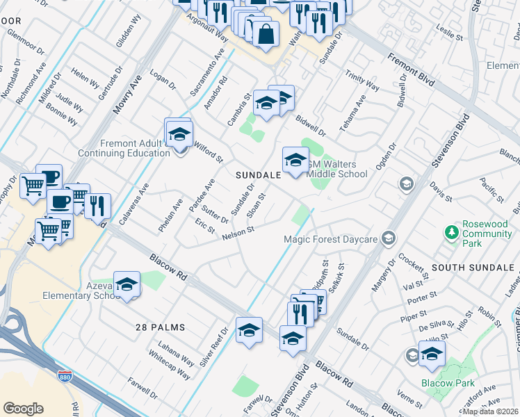 map of restaurants, bars, coffee shops, grocery stores, and more near 4634 Sloan Street in Fremont