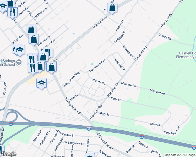 map of restaurants, bars, coffee shops, grocery stores, and more near 1910 Beaver Road in Highland Springs