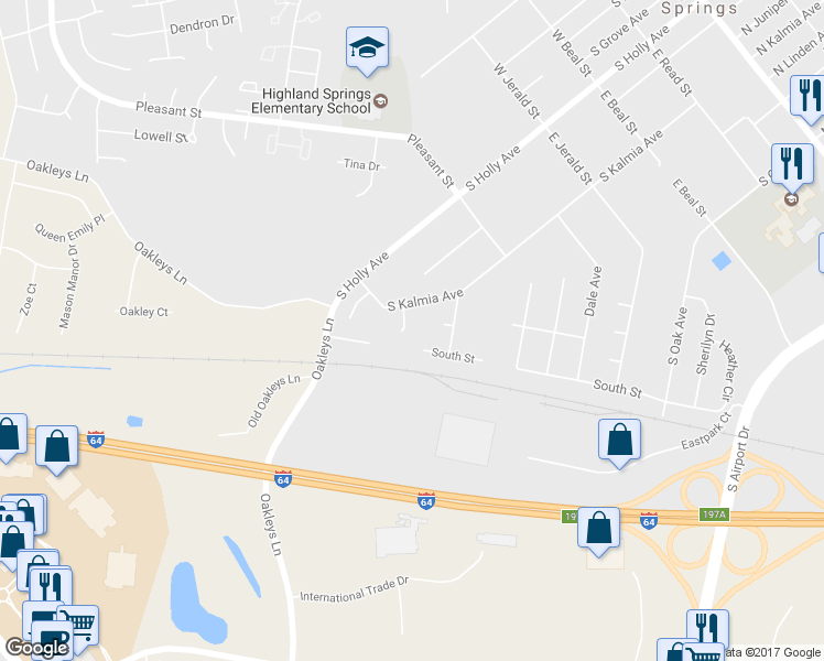 map of restaurants, bars, coffee shops, grocery stores, and more near 4504 South Kalmia Place in Highland Springs