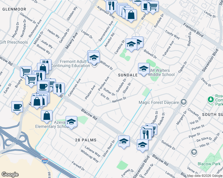 map of restaurants, bars, coffee shops, grocery stores, and more near 39547 Pardee Court in Fremont