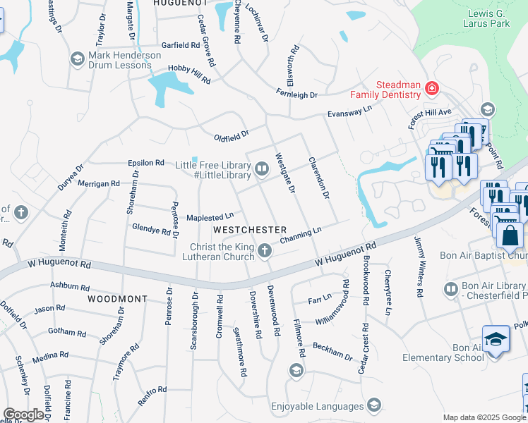 map of restaurants, bars, coffee shops, grocery stores, and more near 2904 Weymouth Drive in Richmond