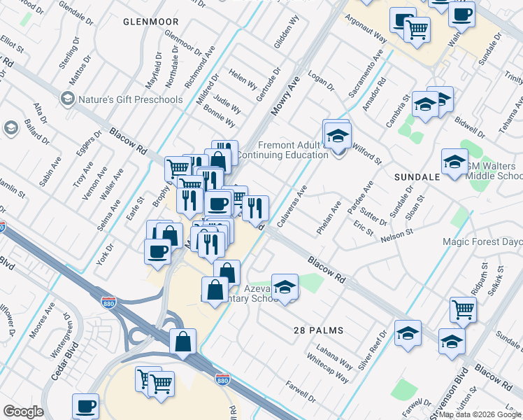 map of restaurants, bars, coffee shops, grocery stores, and more near 39151 Donner Way in Fremont
