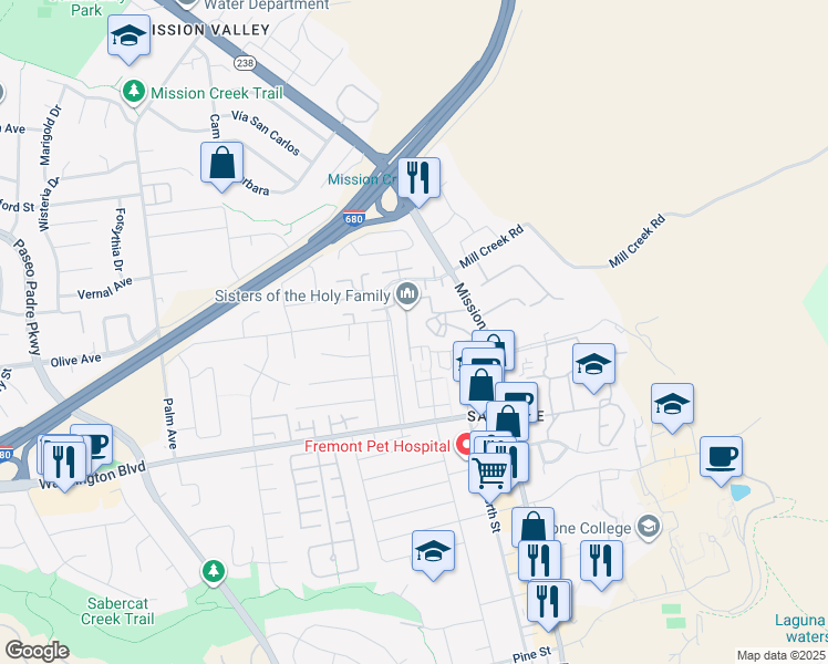 map of restaurants, bars, coffee shops, grocery stores, and more near 43174 Calle Hermana in Fremont
