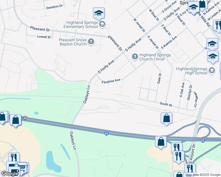 map of restaurants, bars, coffee shops, grocery stores, and more near 4504 South Kalmia Place in Highland Springs