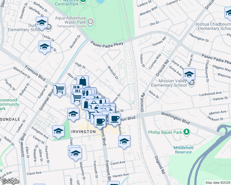 map of restaurants, bars, coffee shops, grocery stores, and more near 40899 High Street in Fremont