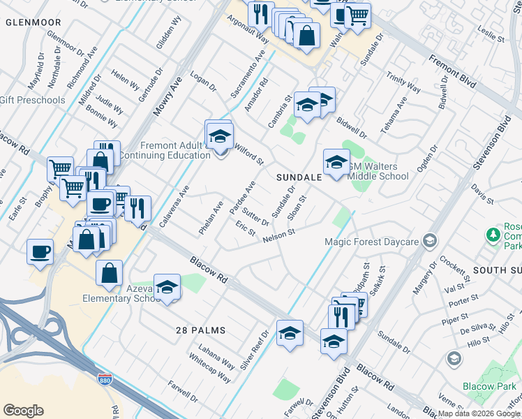 map of restaurants, bars, coffee shops, grocery stores, and more near 39547 Pardee Court in Fremont