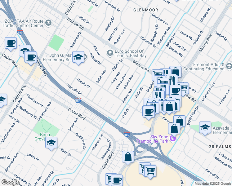 map of restaurants, bars, coffee shops, grocery stores, and more near 5265 Vernon Avenue in Fremont