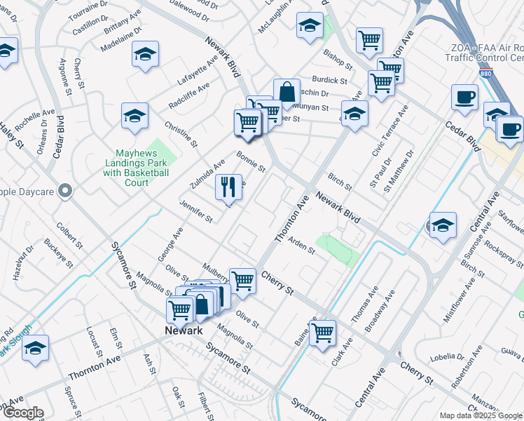 map of restaurants, bars, coffee shops, grocery stores, and more near 6290 Dairy Avenue in Newark