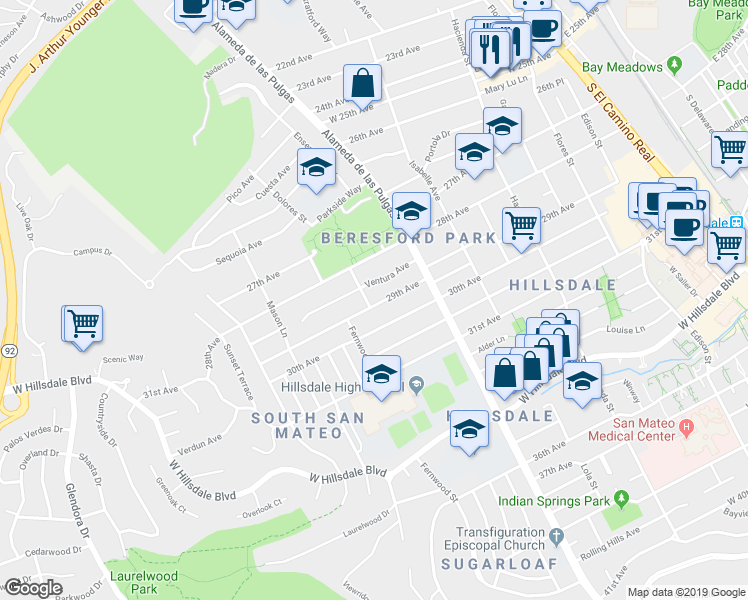 map of restaurants, bars, coffee shops, grocery stores, and more near 546 29th Avenue in San Mateo
