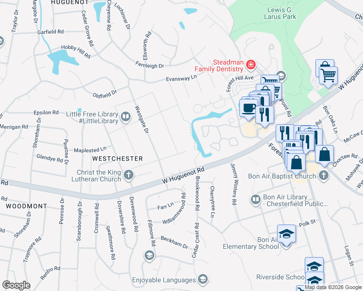 map of restaurants, bars, coffee shops, grocery stores, and more near 2821 Clarendon Drive in Richmond