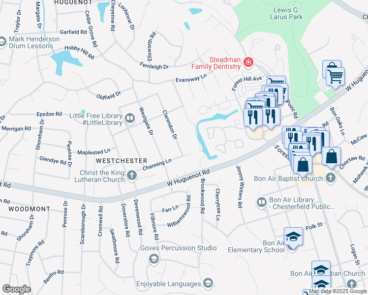 map of restaurants, bars, coffee shops, grocery stores, and more near 2813 Clarendon Drive in Richmond