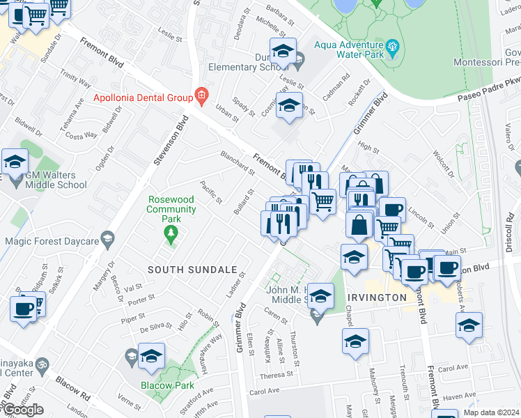 map of restaurants, bars, coffee shops, grocery stores, and more near 40434 Marcia Street in Fremont