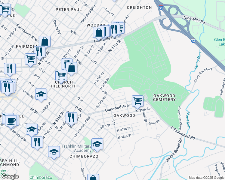 map of restaurants, bars, coffee shops, grocery stores, and more near 1323 North 34th Street in Richmond