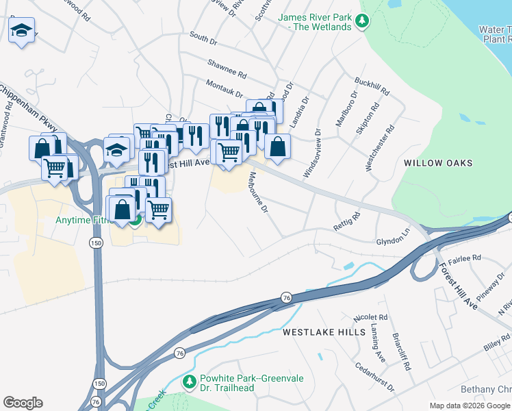 map of restaurants, bars, coffee shops, grocery stores, and more near 2656 Melbourne Drive in Richmond