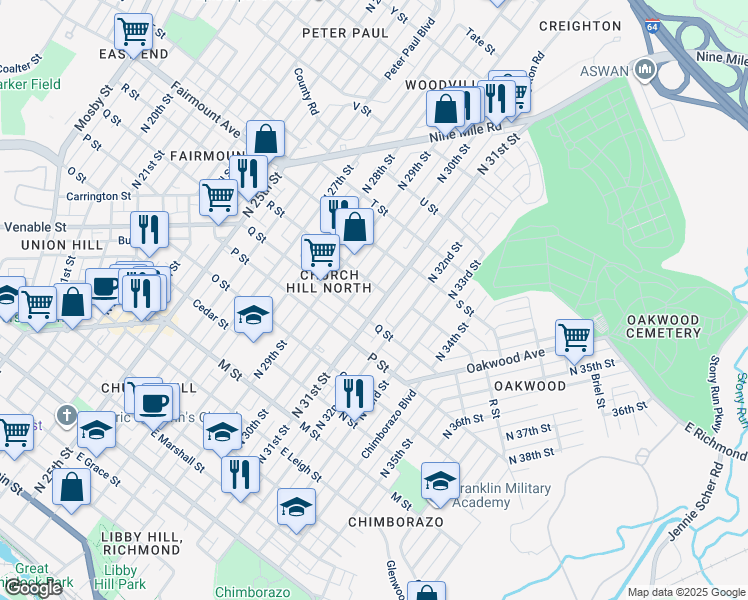 map of restaurants, bars, coffee shops, grocery stores, and more near 1114 North 31st Street in Richmond