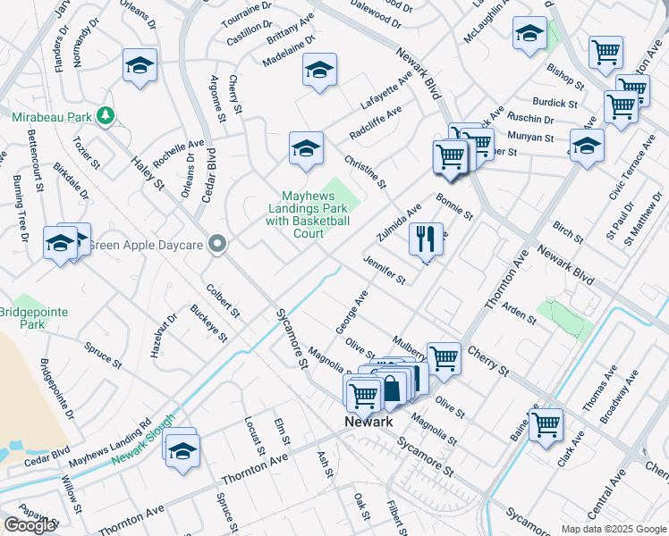 map of restaurants, bars, coffee shops, grocery stores, and more near 36523 Cherry Street in Newark