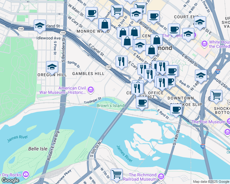 map of restaurants, bars, coffee shops, grocery stores, and more near 501 South 5th Street in Richmond