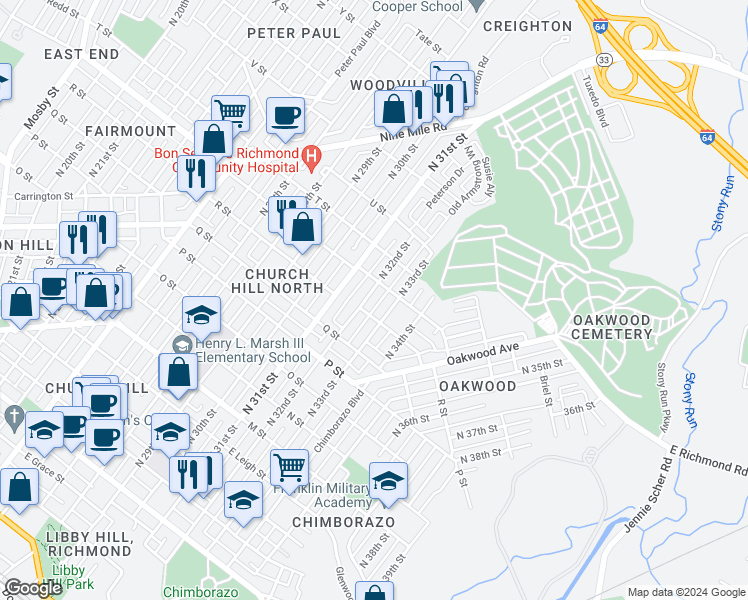 map of restaurants, bars, coffee shops, grocery stores, and more near 1213 North 32nd Street in Richmond