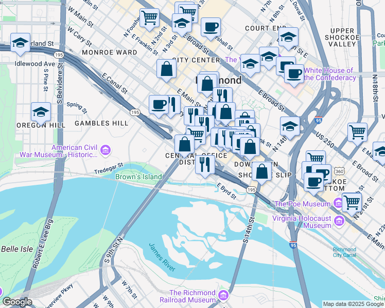 map of restaurants, bars, coffee shops, grocery stores, and more near Downtown Expy in Richmond
