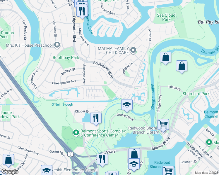 map of restaurants, bars, coffee shops, grocery stores, and more near 22 Dory Lane in Foster City